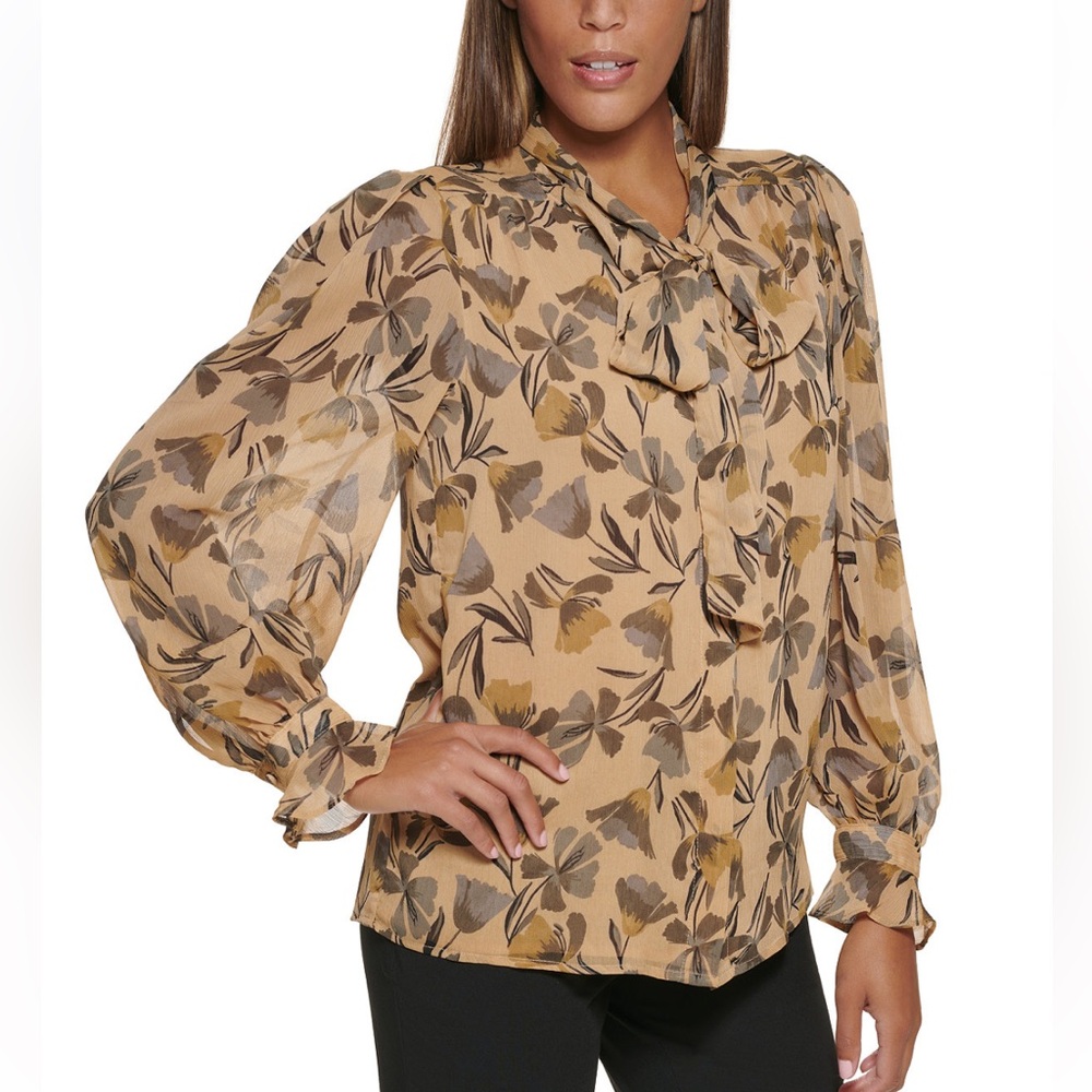 Calvin Klein Long Sleeve Floral Bow Blouse